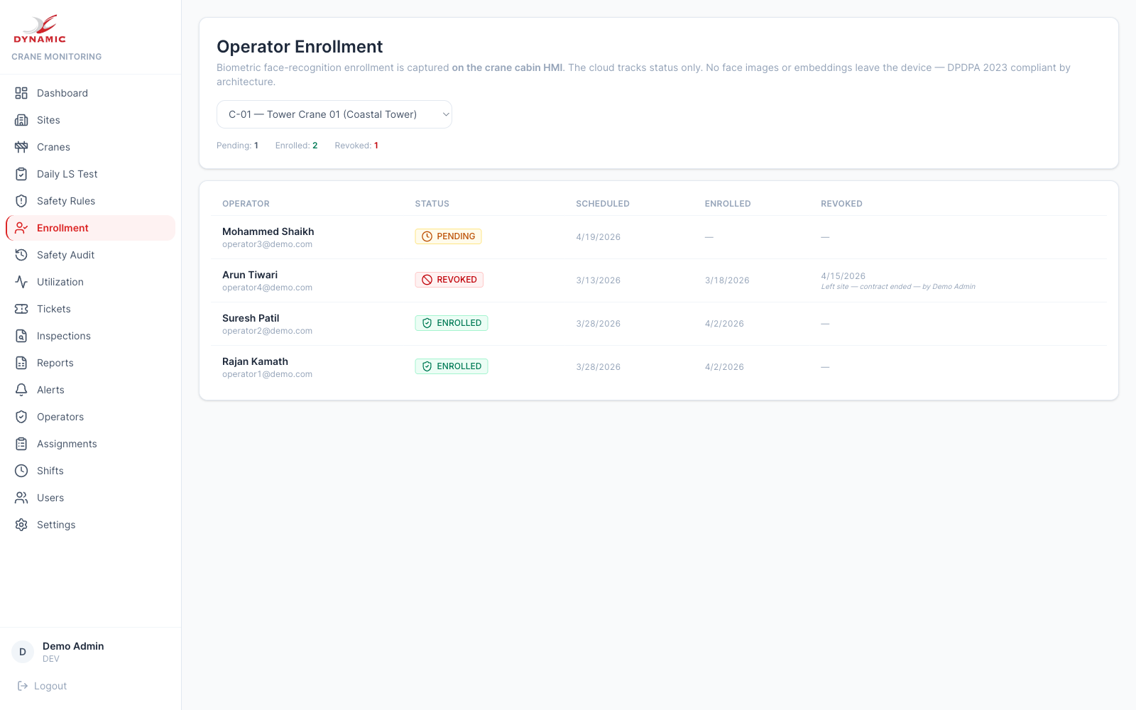 Biometric operator enrollment