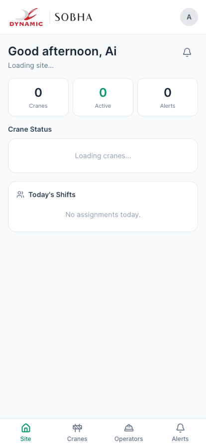 Mobile-first incharge view — site totals, crane status, today's shifts